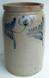 U197 2 gallon cobalt - decorated  stoneware Jar. Baltimore MD. circa 1850 heavily decorated completely around with a brush cobalt leaf and flower design. Stamped 2 gallon 13" tall