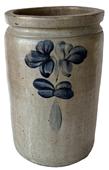 **SOLD* K163 19th century signed Peter Hermann 2-gallon Cobalt Blue Decorated Stoneware Crock very clearly stamped P HERMANN 2 G just below top rim and adorned with a large hand brushed double clover plant on each side. Tall, cylindrical shaped with squared rim. (NOTE: Peter Hermann (1825-1901) ran his pottery on Eager Street in Baltimore from 1850-1872.)  Measurements: 8 diameter base x 12 ¼ tall  