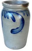 G80 19th century DECORATED STONEWARE JAR, salt-glazed, "1" gallon capacity, cylindrical form with squared rim..