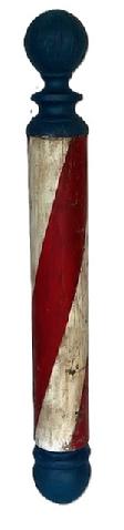 K1817 Late 19th century solid wood turned Barber Pole bearing a multi-layered painted and weathered red, white and blue painted surface with areas of the original paint showing through. A nice, solid wooden ball turning on both top and bottom adds to the visual appeal of this pole!  Approximately ~47 tall. 