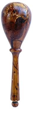 K195A Early 19th century wooden Sock Darner adorned with the name Mary and decorated with a very detailed bird perched upon a branch, leaves, a rose and detailed pansy flowers. Solid wood with bulbous end and long, tapered handle with cannonball shaped finial on tip of handle. The beautiful artwork is protected with a very early lacquer finish. The wood appears to be Maple. Wear indicative of use. Measurements:  ~ 2 ¾ diameter x 8 ¾ long. 