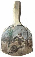 H486  19th century hand painted wooden butter paddle depicting trees and a fence surrounding a Church with snowcapped roof. Unsigned. 