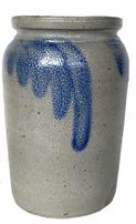 G605 Blue decorated stoneware canning crock attributed to Remmey Pottery Works of Philadelphia, Pennsylvania. Very thin turkey track across bottom that does not go through to the interior.   Measurements: 8 1/2" tall x 5" diameter bottom. The squared rim is slightly out of round and measures 4 3/4" x 5".