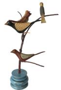 D221 Pennsylvania hand carved  Folk Art Bird Tree with five  carved  folky painted  circa 1980s Birds.  Mounted in a turned base Measures approximately 15" tall