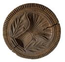 K63 19th century tall handled chip-carved butter print stamp of Pennsylvania origin depicting a tied Sheaf of Wheat. Carved from a single piece of wood. Natural patina surface. Age cracks to surface. Measurements: 4 1/4" diameter x 4 3/4" tall  