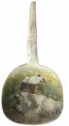 **SOLD** H485  19th century hand painted wooden butter paddle depicting small barren trees surrounding a small cabin with snowcapped roof and fenced-in snowy yard. White paint covers the entire handle, back of the paddle retains a natural, dark patina. Unsigned.