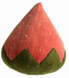 **SOLD** K145 Oversized Strawberry Pin Cushion constructed of red velvet with yellow thread seeds and hand appliqued green felted wool cap.  Sawdust filled. Approximate measurements: 4 ½ tall x 3 ½ diameter (cap end)  