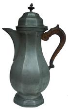 **SOLD** Y177 Early 19th centuy Pewter Coffee Pot eight sided baroque form, with carved wooden handle disc in finial and touch marks of angle and london on interior of bottom  14 1/8" tall x 5 3/4" 