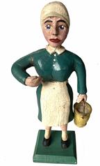 **SOLD** G699 Folk Art carved wooden Milk maid with pail. Carved details include individual posed arms/hands, individual legs, shapely figure, fingers/fingernails, distinct facial features, carved bonnet, dress with collar and apron, and a shaped wooden milk pail with metal handle.