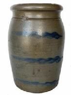 RM1292 Western Pennsylvania stoneware crock decorated with three squiggly lines, which is also known as a Striper crock. No chips or cracks.