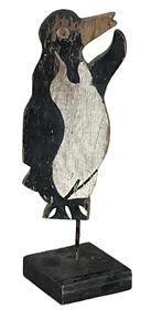 K1553 Wooden Folk Art Penguin cut out bearing original hand painted black, white and yellow painted surface. Mounted on a custom-made base for display purposes. Circa 1900-1920s.