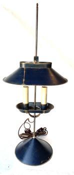 **SOLD** G898 Jerry Martin tin adjustable student lamp with old blue paint, with two electrified candles and signed JM on base. (Jerry Martin of Marietta, PA was a Blacksmith and Tinsmith) Dated 2019.