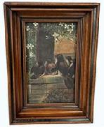 I5 Wonderful, late 19th century oil painting depicting a group of five small birds huddled together along a block wall beneath a tree bearing white blossoms. Oil on canvas  mounted to the back of a Victorian Era shadowbox frame with tiny square head nails. Remnants of faint pencil writing Christmas 1885 and Mrs. S...