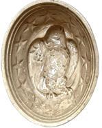 J33  Early yellow ware stoneware oval shaped food / pudding mold depicting a patriotic Eagle encircled with 12 Stars. Measurements: 8 long x 6 ¼ wide x 3 ½ deep