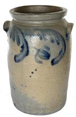 O538 Large cylindrical Crock with ears and cobalt decoration. Stamped '3'. Measurements: 8" diameter (top opening) x 8 3/8" diameter (bottom) x 14 5/8" tall  