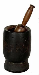 H952C 19th century turned wooden Mortar and Pestle in original black painted surface.  Nicely turned shape with simple incised ring around the outside and a molded interior lip surrounding the opening of the Mortar.