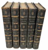 J52 Group of 5 Books - "Motley's Works -  "The Rise of the Dutch Republic", Vol. I & III (1897) and "History of the United Netherlands", Vol. I, II & III (1898) - Colorful covers, beautiful dark blue and gold raised leather bindings. Really nice condition! Books Measure: 9" tall x 6" deep  