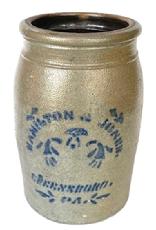 K1615 19th century Pennsylvania stoneware crock with Hamilton & Jones Greensboro, PA stenciled in Cobalt blue on the front. Great condition, no visible cracks.  Measurements: 6 diameter x 10 tall.  