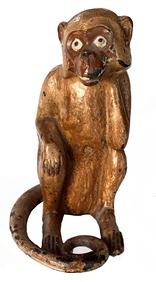 **SOLD** RM1513 Rare Hubley full figural cast iron seated Monkey doorstop. Original painted surface with wear commensurate with age. Very heavy. Circa 1930s. Measurements: 6 ½ deep x 4 ¼ wide x 8 ½ tall