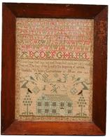 T272 Framed early 19th century needlework, linen Sampler attributed to Isabell White Currochurne, May 17 1830. seven lines of alphabets, and number with a two line verse below. " I love them that love me and those that  sees me early shall find me. The fear of the Lord is the beginning of wisdom. Isabella White Currochune May 17 1830" At the bottom center, is a two story brick farm house, flanked by two threes,  with animals. The Sampler is surrounded, on it's sides and bottom by narrow rows of strawberries. Original frame with wear to the finish. 17" wide x 21 1/4" tall