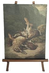 K1801 Fantastic, exceptionally detailed miniature Oil Painting of Dead Game and Birds. Oil on canvas that has been mounted onto a solid wooden board with a chamfered back. Signed by the artist in the very tip of lower right corner. Small wooden easel included for display purposes. Measurements: 5 ¾ wide x 3/8 thick x 7 ¾ tall.  