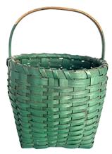 *SOLD* K80A Quaint Pennsylvania small sized berry gathering basket bearing its wonderful original dark green painted surface. Single wrapped rim with tightly woven sides. The delicate steamed and bent, notched handle is sturdy and tight. Excellent condition. Measurements: The 6 ½- 6 ¾ diameter circular opening tapers slightly outwards and down to rest on a 4 ¾ square base. Sides are 5 5/8 tall. Overall height at top of handle is 8 ½ tall.