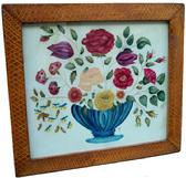 Contemporary Hand painted Theorem four Seasons on fabric, having deep blue compote filled with flowers, the frame in original paint decorated frame 19" x 20 3/4"