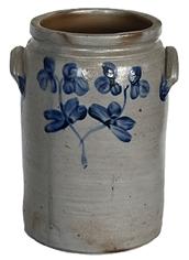 K1550 A very impressive Peter Hermann Baltimore, MD large crock with applied handles  stamped 3 - decorated with a characteristic stemmed clover motif design that is associated with wares made in Baltimore, MD. A sweeping pattern of brushed flowers enhances this rare, oversized vessel. Peter Hermann was one of Marylands premier 19th century potters. Circa 1855  1870. Chips to rim. Measurements: Top opening is out of round and measures 9 x 8. Overall height is 13 ½ tall.   