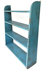 **SOLD** J249 19th century New England original blue painted hanging shelf boasting canted sides and mortised shelves. Measurements: 31 ¼ wide x 36 tall. 6 deep at top and 8 ¼ deep at bottom