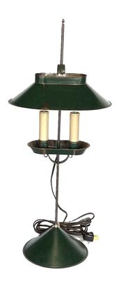 K111 Jeremy "Jerry" Martin handmade tin adjustable student lamp painted green with two electrified candles. Bears metal plate with JM and dated "2019" on bottom of base. Approximate measurements: 10 wide (top shade) x 6 ¾ base diameter x 23 1/2" tall 