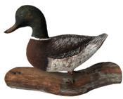 E470 Miniature hand carved Mallard L.W. Stevens Windham Maine mounted on a piece of birchwood