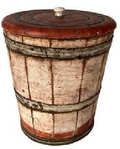 H218  LEHNWARE SUGAR BUCKET A mid to late 19th century oak lidded sugar bucket by Joseph Long Lehn (1798-1892) of Elizabeth Township, Lancaster County, Pennsylvania.