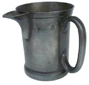 **SOLD** X57 Pewter pint  Measure, large pour spout,( side spout measure)  applied handle, molded footed base touch mark on the side is a crown with the number 31