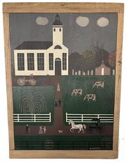 **SOLD** J462 Folk Art oil painting by Arthur E. Glazier (East Berlin, Pennsylvania, 1928-2015) depicting a Church scene with well-dressed congregants (and a small, loyal pup) arriving by foot and/or horse and buggy. Cows are lazily grazing in the fenced pasture in front of a cemetery in the background.  This wonderful artwork is hand painted on a reclaimed wooden breadboard and is prominently signed A. Glazier in the bottom right corner.  Measurements: 23" wide x 5/8 thick x 31 ¼ tall