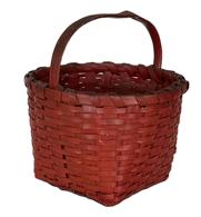 G393 Quaint small sized berry gathering basket in original red paint. The 5 square base gradually tapers to an 8 1/2 wide circular opening. Single wrapped rim with tightly woven sides.