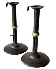 **SOLD** K212 Great, early 19th century matching pair of tall wedding band hog scraper candlesticks with brass wedding bands, working push-ups and finger curls for carrying at top rims.  Measurements: ~4 ¾ diameter bases x 9" tall 