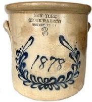 **SOLD** G103 Scarce three-Gallon Stoneware Crock with Cobalt Date "1878" within a Wreath, Stamped "FORT EDWARD / POTTERY CO," straight-sided crock with tooled shoulder and applied lug handles, 