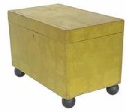 G855 19th century vibrant chrome yellow-painted Miniature Chest rectangular hinged-lid dovetailed form raised on applied ebonized ball feet, decals affixed to interior.