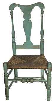 **SOLD** K294 Exceptional, very early 18th century New England Banister Back Chair boasting original robin egg blue painted surface. This stunning chair features a yoke-shaped top rail, bold turnings, rests on turned feet and bears what appears to be its original rush seat.  Circa 1720s-1740s. Approximate measurements: 20 wide across front of seat x 15 deep x 39 ¾ tall (Seat is 16 tall). 