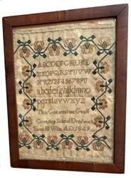 F712 Wonderful identified and dated hand stitched needlepoint Sampler attributed to Coventry School Droitwich Sarah H Willis AD. 1849. Sampler is stitched on linen and boasts both upper, and lower case alphabet and the numbers 1-9,0 stitched in a tan colored thread