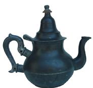 **SOLD** X307 Late 18th century Queen Ann pear shape pewter Tea Pot . 7.5" tall. hallmarked with crown over M