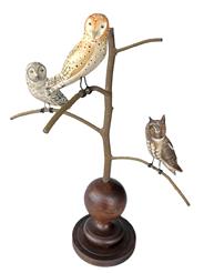 **SOLD** K107 Handmade 20th Century Folk Art Owl Tree with three different, beautifully hand carved and polychrome painted wooden Owls resting on steamed and bent branches.