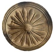 K60 19th century chip-carved butter print stamp of Pennsylvania origin boasting a deeply carved Sunflower design. There is a very small, tight surface age crack visible. Very dry, natural patina surface. Carved from a single piece of wood. Measurements:  3 1/2" diameter x 3" tall     