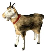 K78B German Putz Billy Goat with small, curved horns, painted eyes, a dapple cloth covered composition body with freestanding wooden legs and painted hooves. Damage visible to his nose and ears. He stands approximately 2 ¾ high and is 3" long.