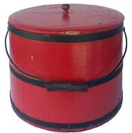 Y192 19th century Covered Sugar Firkin with old red paint, staves sides  with black painted bands, lid with porcelain knob, wire bail swing handle with handle grip. Measurements are: 10 1/2" tall