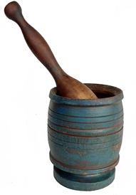 **SOLD** J272 Beautiful blue painted Mortar and Pestle featuring detailed band-style turnings and a footed base. Measurements: 4 3/4" diameter x 6 1/4" tall. Pestle measures 11 1/4" long.