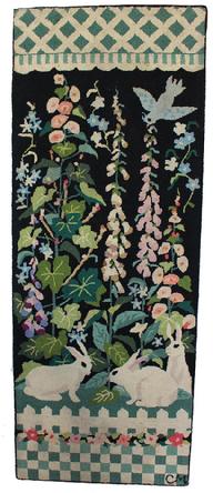 D93 Early 20th Century Americana Folk Art Hooked Rug, , Beautiful hand made hooked rug with three Bunnies in a flower garden , with blue bird 