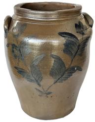 K1683 19th century Cobalt blue decorated four-gallon Stoneware Crock with applied lug handles. Ovoid jar with cobalt floral decoration on the front and reverse. A stamped 4 inside a circle is visible by one of the handles. Measurements: 8 x 8 ¼ top opening x 14 ½ tall.   