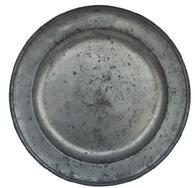 Y178 18th century Pewter Charger with  indistinct touches and a hammered booge  16 5/8 diameter