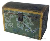 D192 19th century small Wallpaper-covered Wooden Dome-top Box, possibly Massachusetts, early 19th century, the wallpaper exterior is a floral design on a light blue field, trimmed with mustard.  Measurements are 5 3/4" wide x 4" tall x 3 1/2" deep